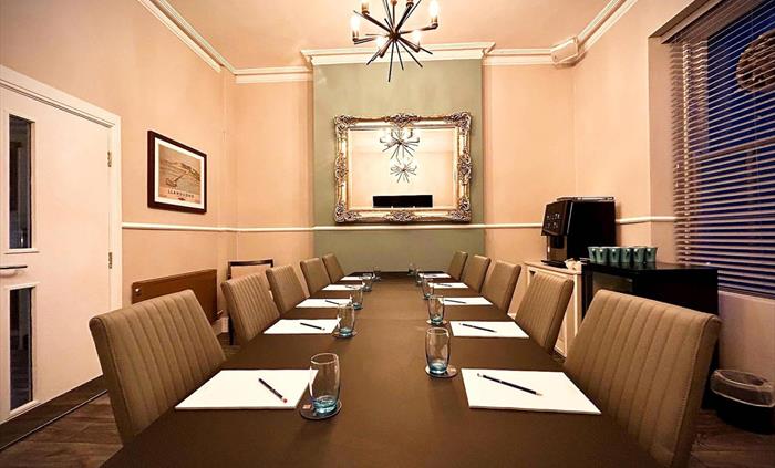Boardroom set up for a meeting at the Llandudno Bay Hotel.